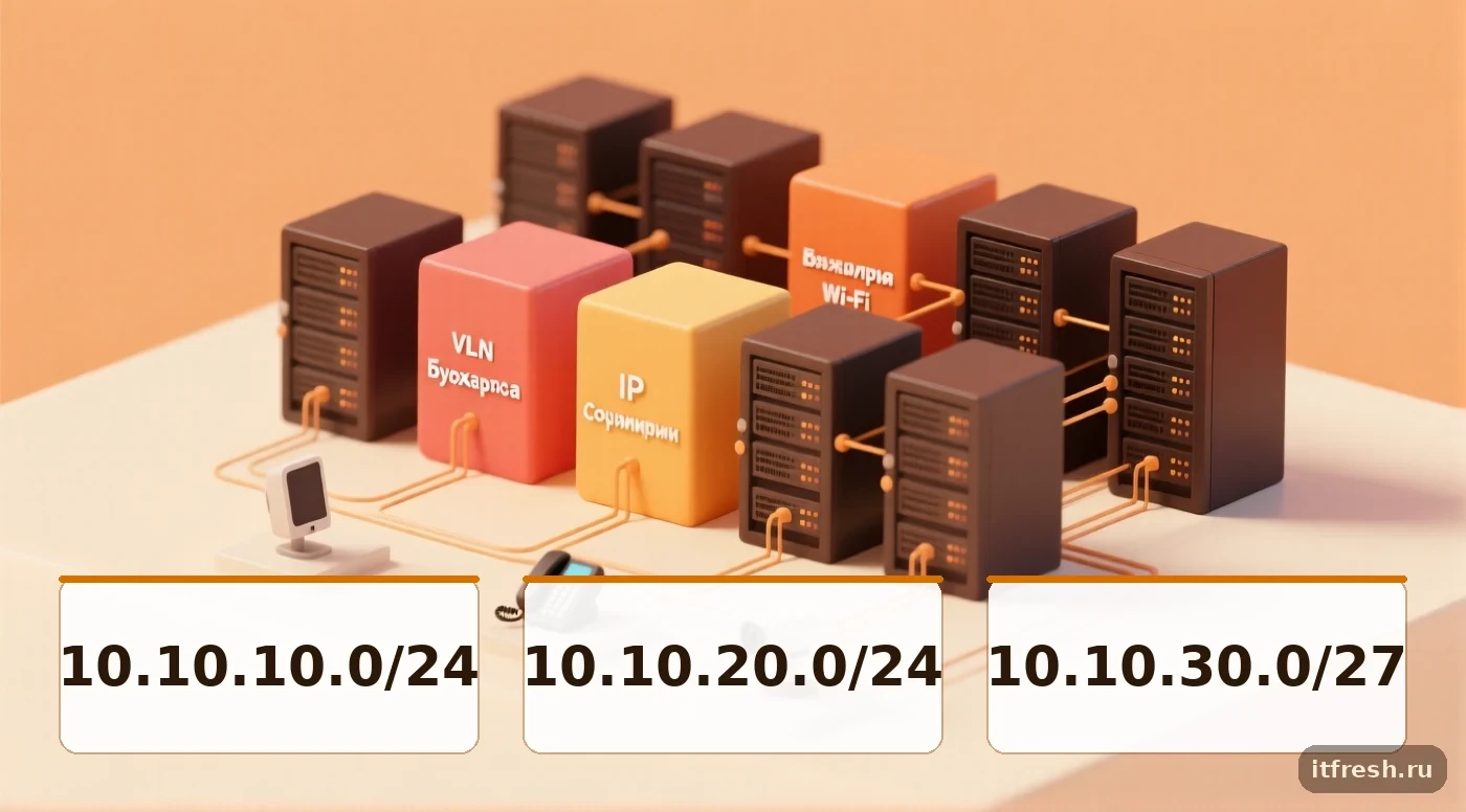 Схема сегментации VLAN для офиса на 80 ПК с IP-подсетями и количеством устройств