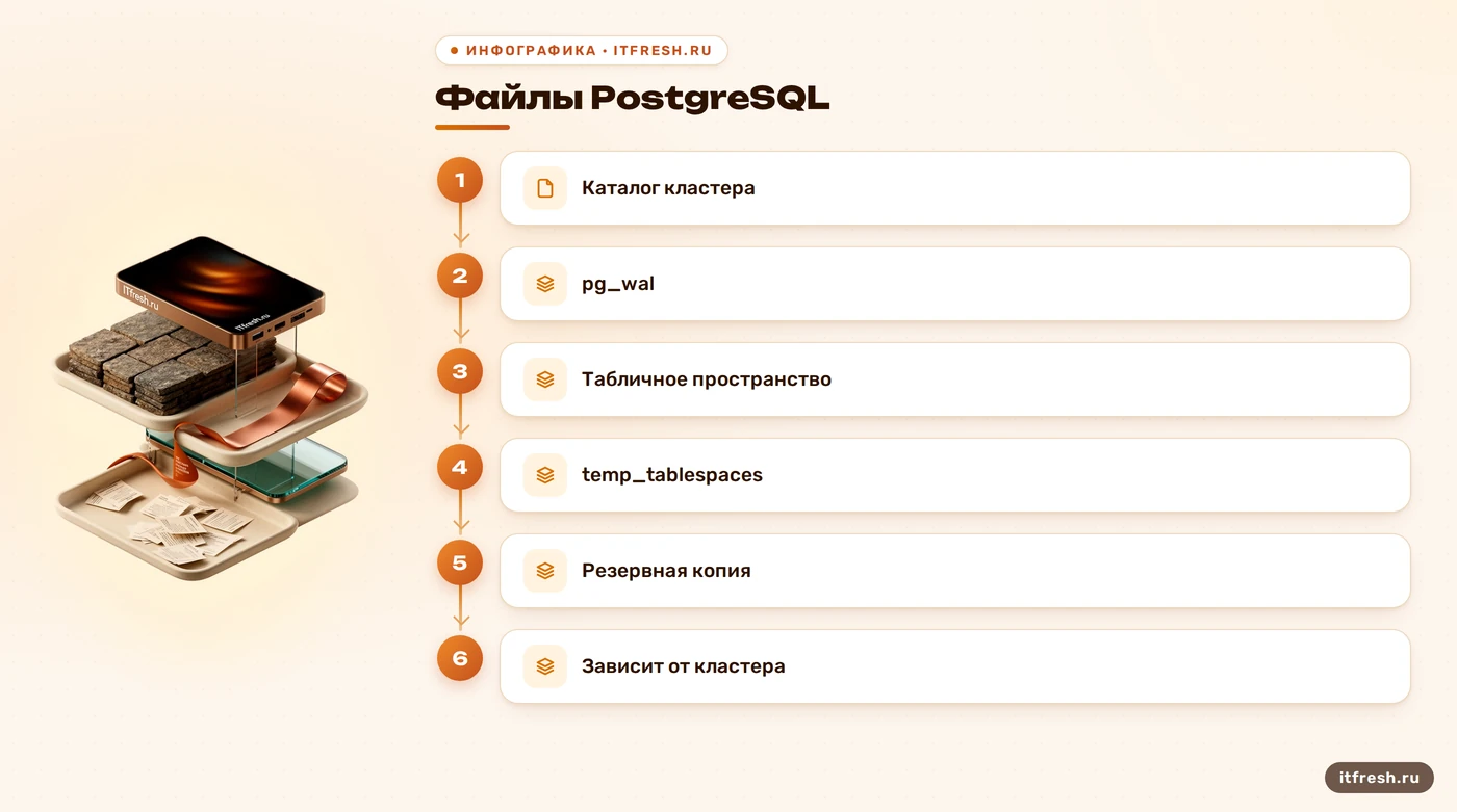 Схема каталогов PostgreSQL, WAL и временных пространств для 1С