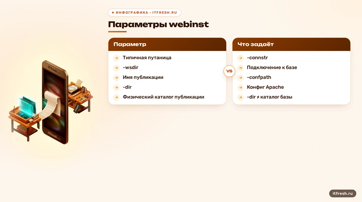 Сравнение параметров webinst и значений, которые они задают при публикации 1С