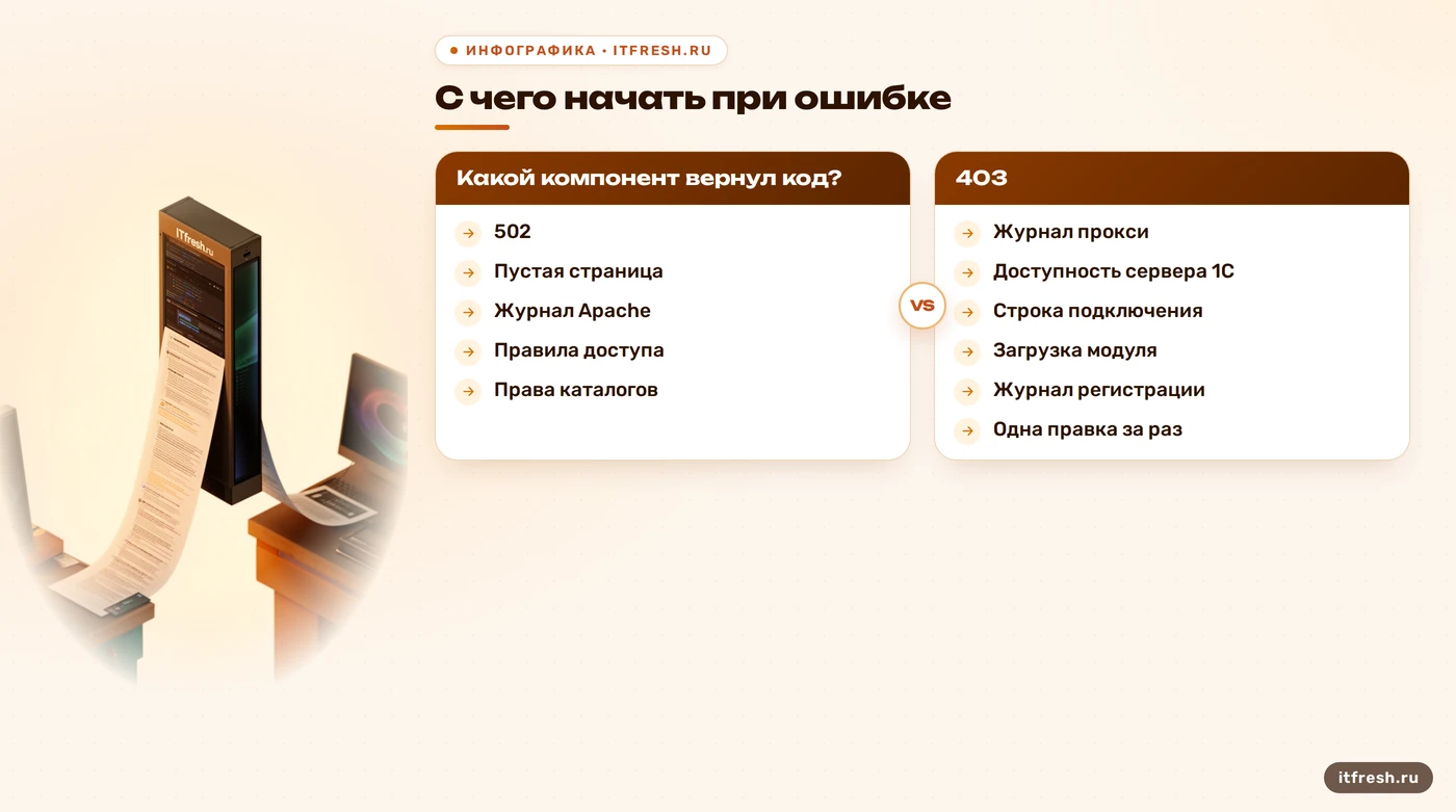 Дерево диагностики ошибок 403, 502 и пустой страницы при публикации 1С на Apache
