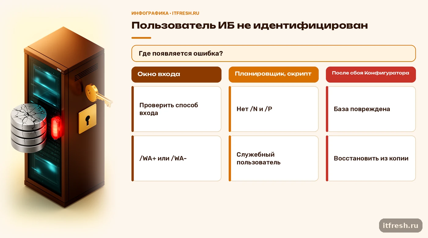Дерево решений: по месту появления ошибки 1С пользователь не идентифицирован — причина и действие