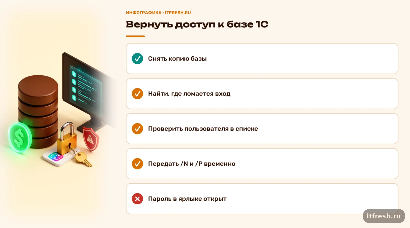 Чек-лист из четырёх шагов, как вернуть доступ к базе 1С, если пользователь не идентифицирован