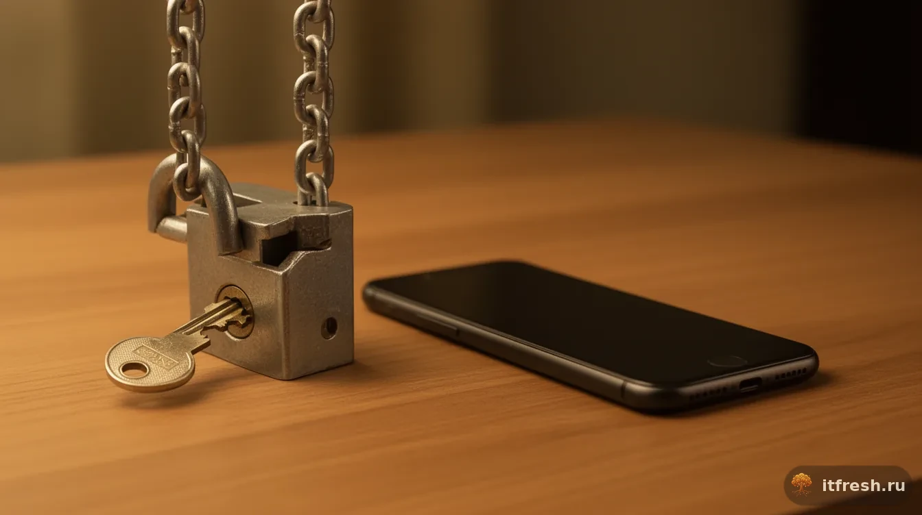 Открытый навесной замок с ключом в скважине рядом со смартфоном