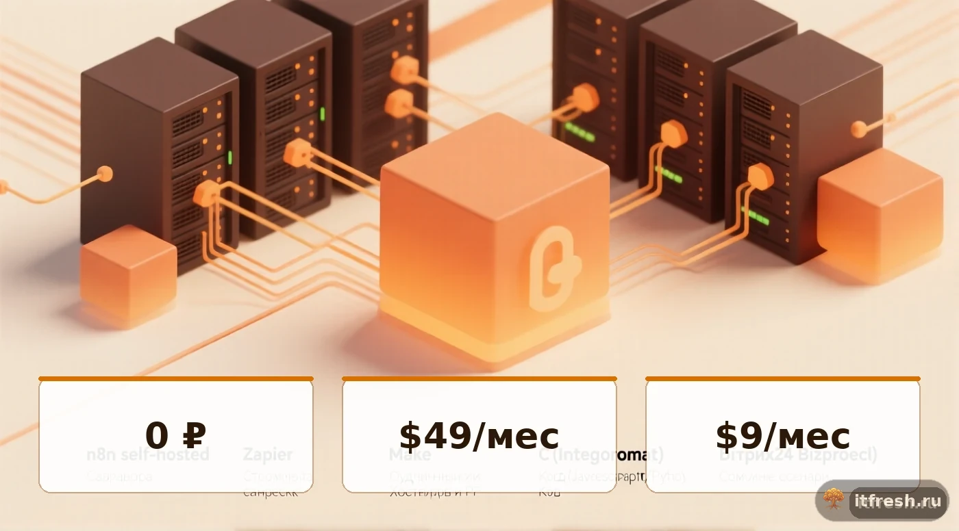Сравнение n8n self-hosted, Zapier, Make и Битрикс24 Bizproc по стоимости, ограничениям и функционалу