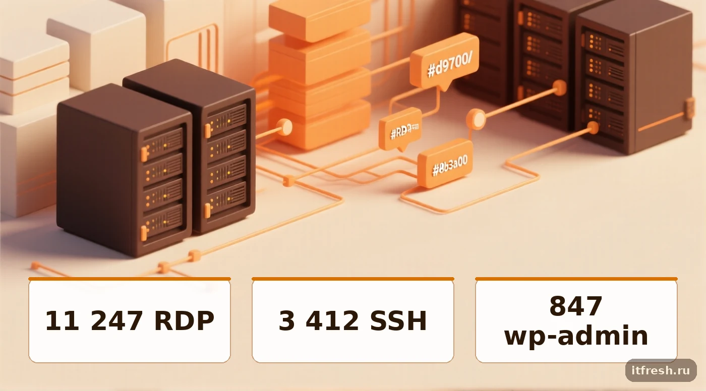 Статистика атак на офисный сервер за сутки: попытки подбора пароля RDP, SSH и wp-admin