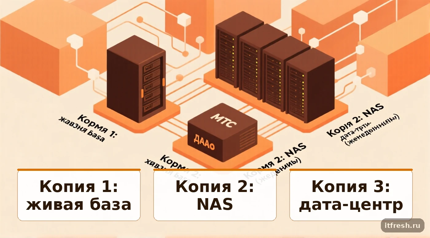 Принцип 3-2-1 для бэкапа: три копии данных на разных носителях, включая внешнее хранилище