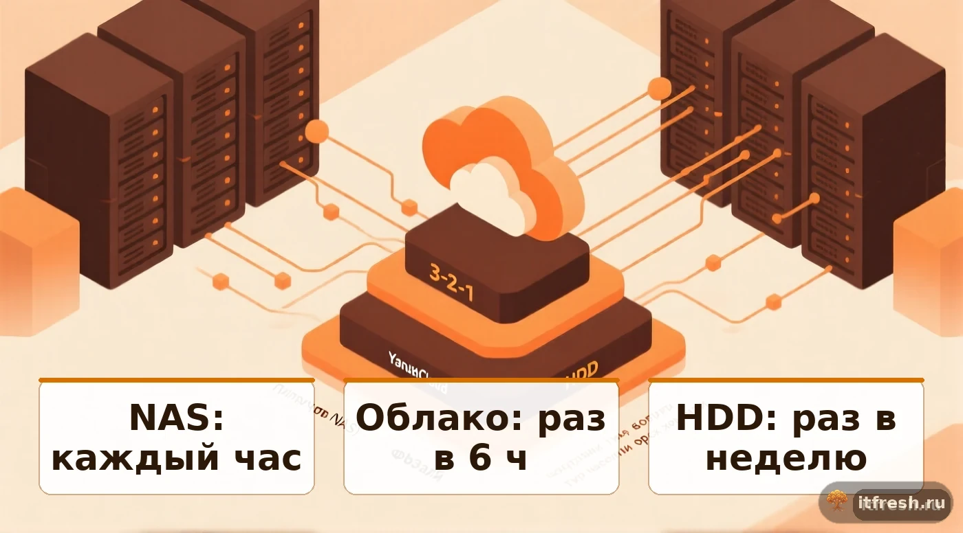 Схема уровней бэкапа по правилу 3-2-1 для 1С и файлового сервера
