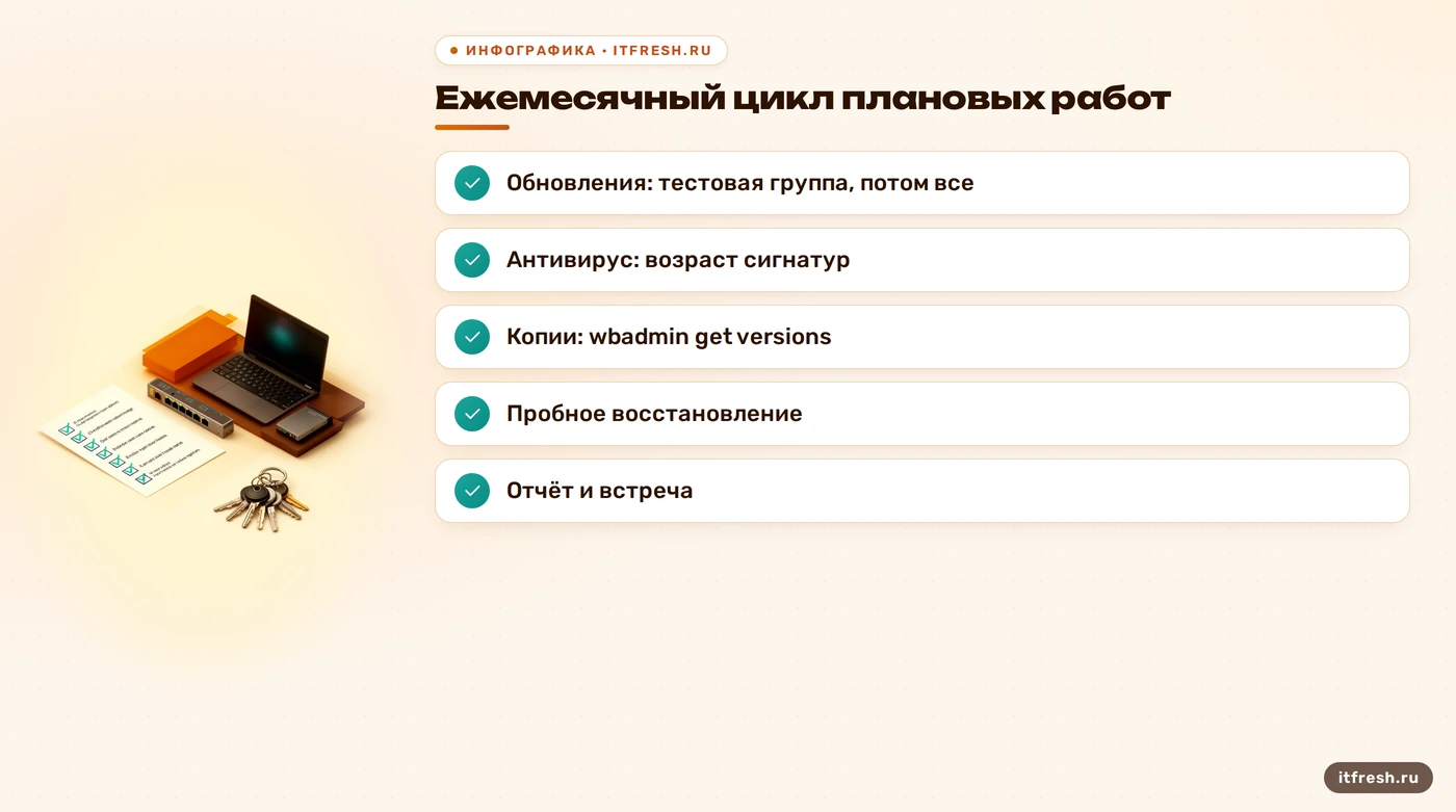 Чек-лист ежемесячных плановых работ IT-обслуживания: обновления, антивирус, копии, восстановление, отчёт
