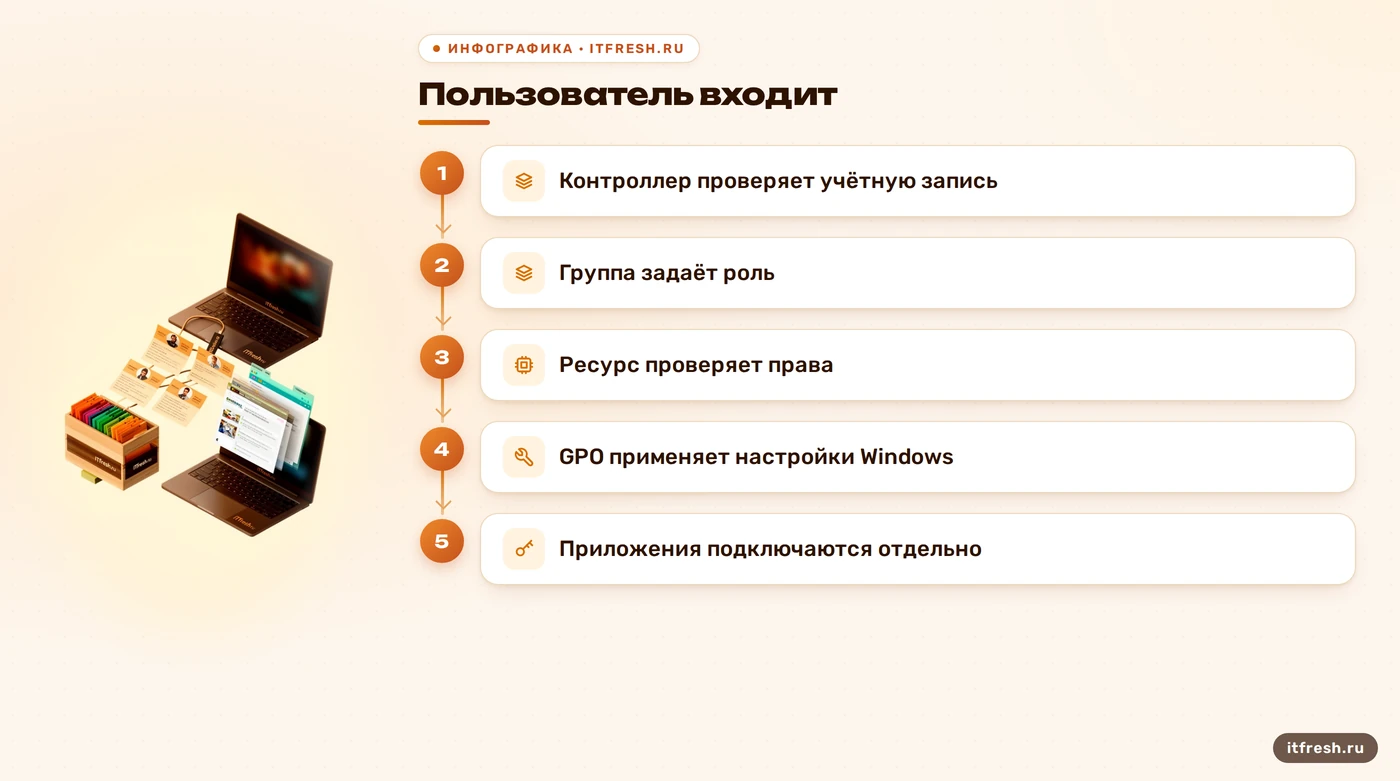 Схема Active Directory: вход, группы, проверка прав и применение GPO