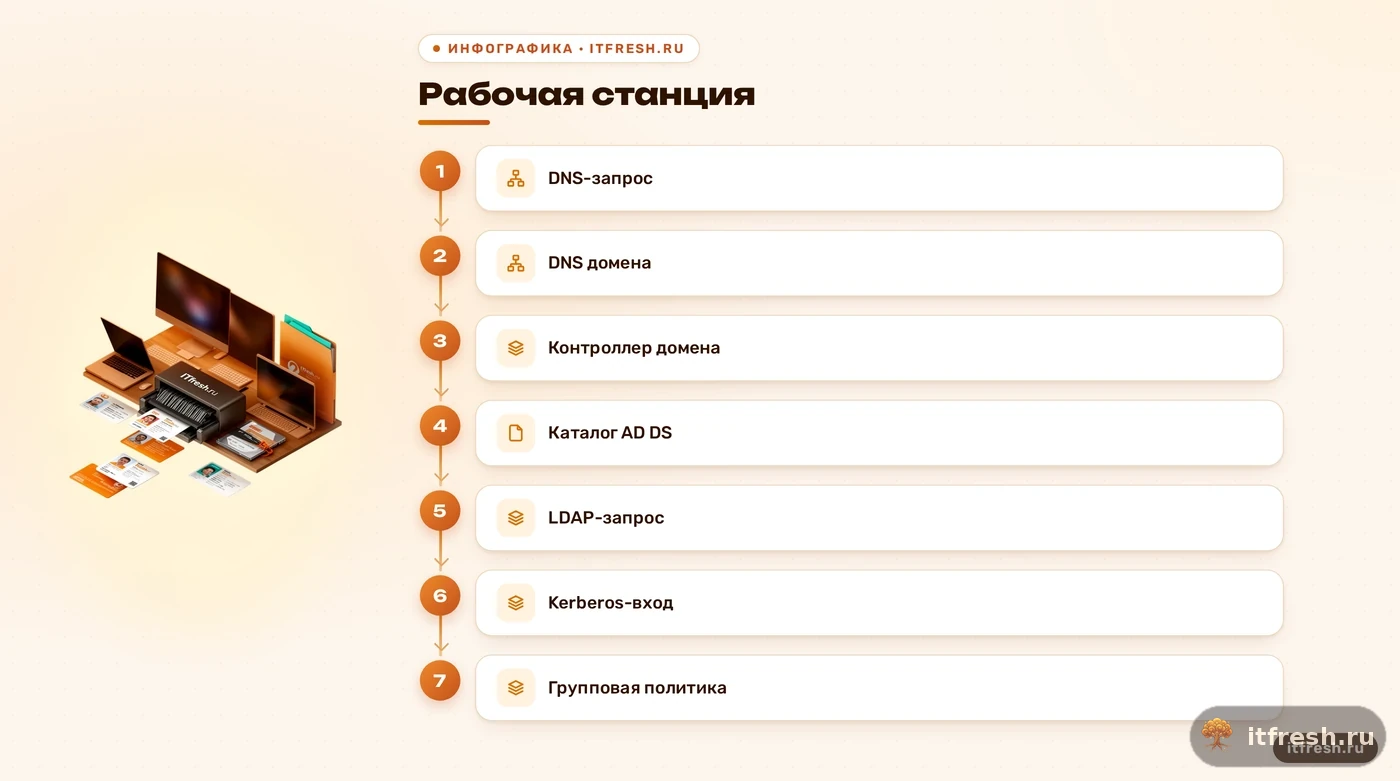 Схема работы DNS, LDAP, Kerberos и GPO в Active Directory