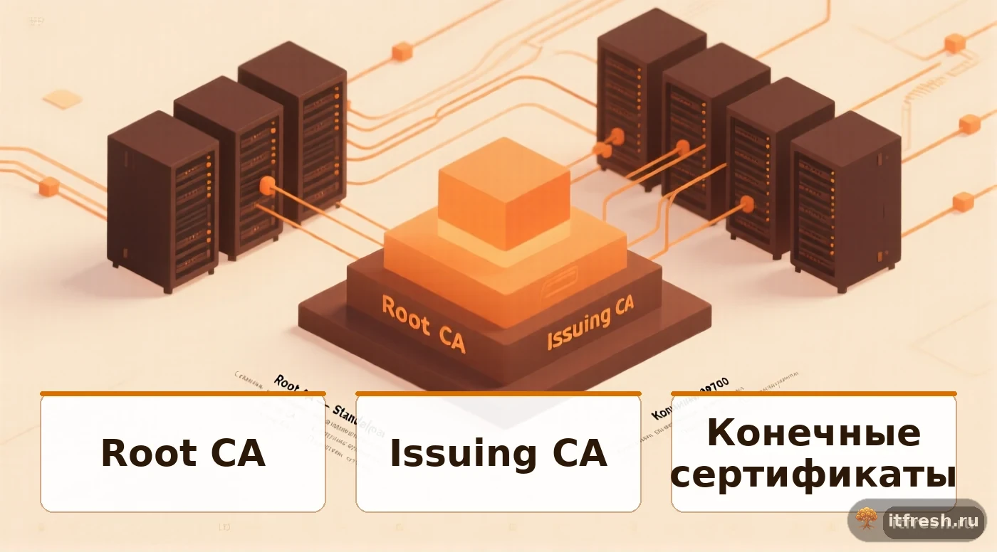 Схема двухуровневой иерархии AD CS с Root CA, Issuing CA и конечными сертификатами