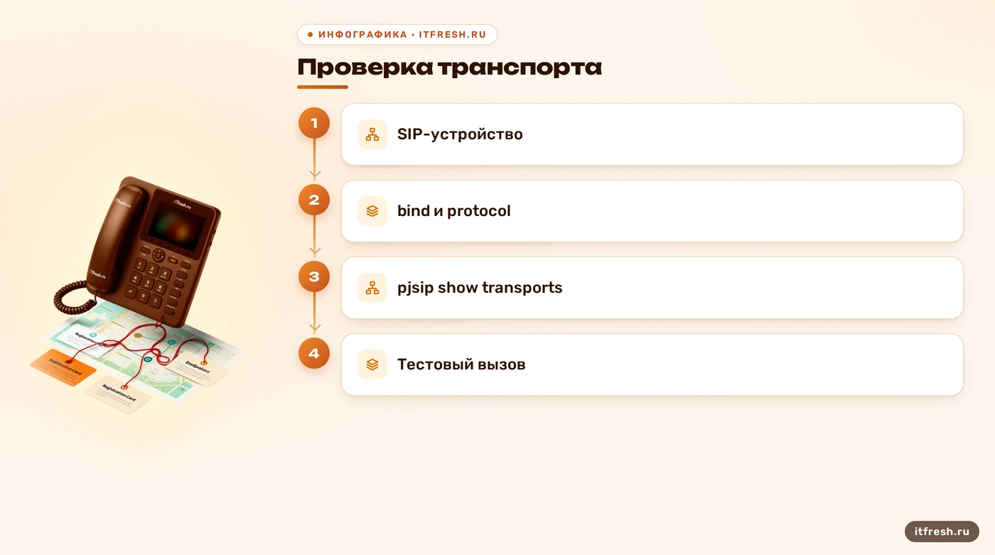 Схема проверки транспорта PJSIP перед тестовым вызовом