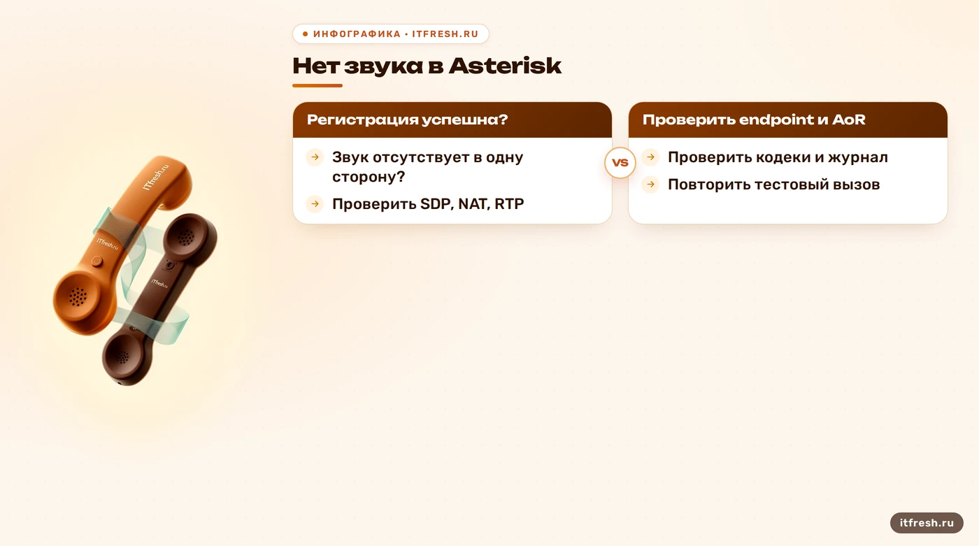 Дерево диагностики регистрации и звука в Asterisk
