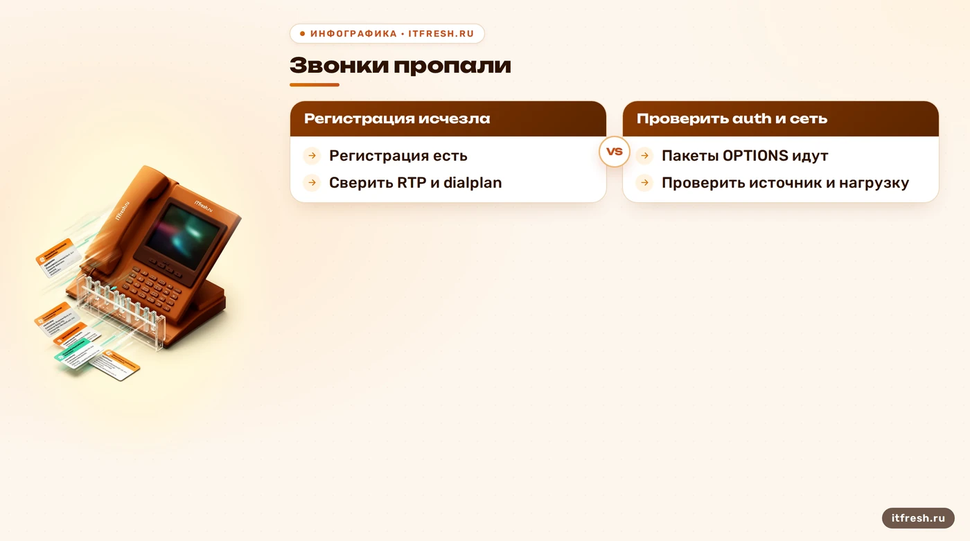 Дерево диагностики звонков, регистрации и OPTIONS в Asterisk
