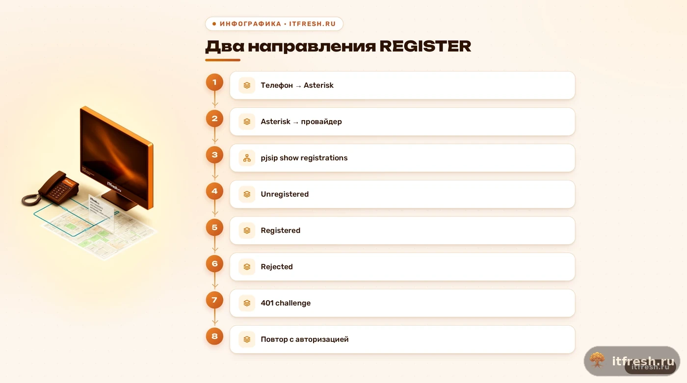 Два направления регистрации PJSIP и статусы исходящего транка
