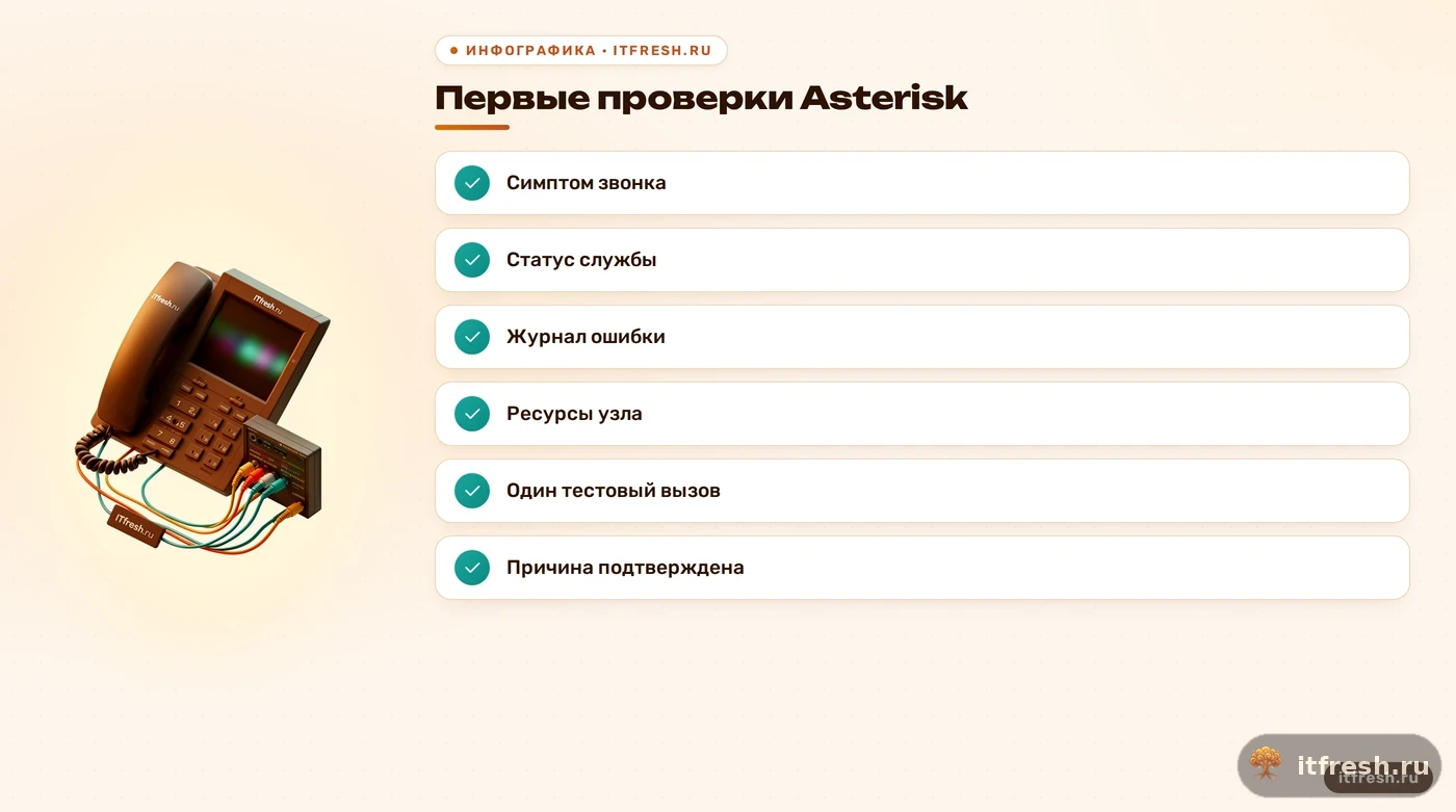 Чек-лист первых проверок Asterisk при сбое звонков