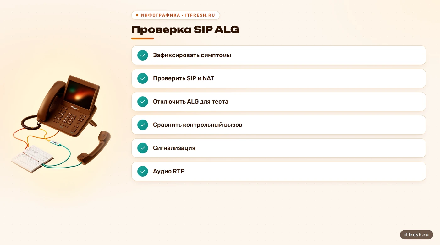 Чек-лист проверки SIP ALG и сравнения сигнализации с аудио