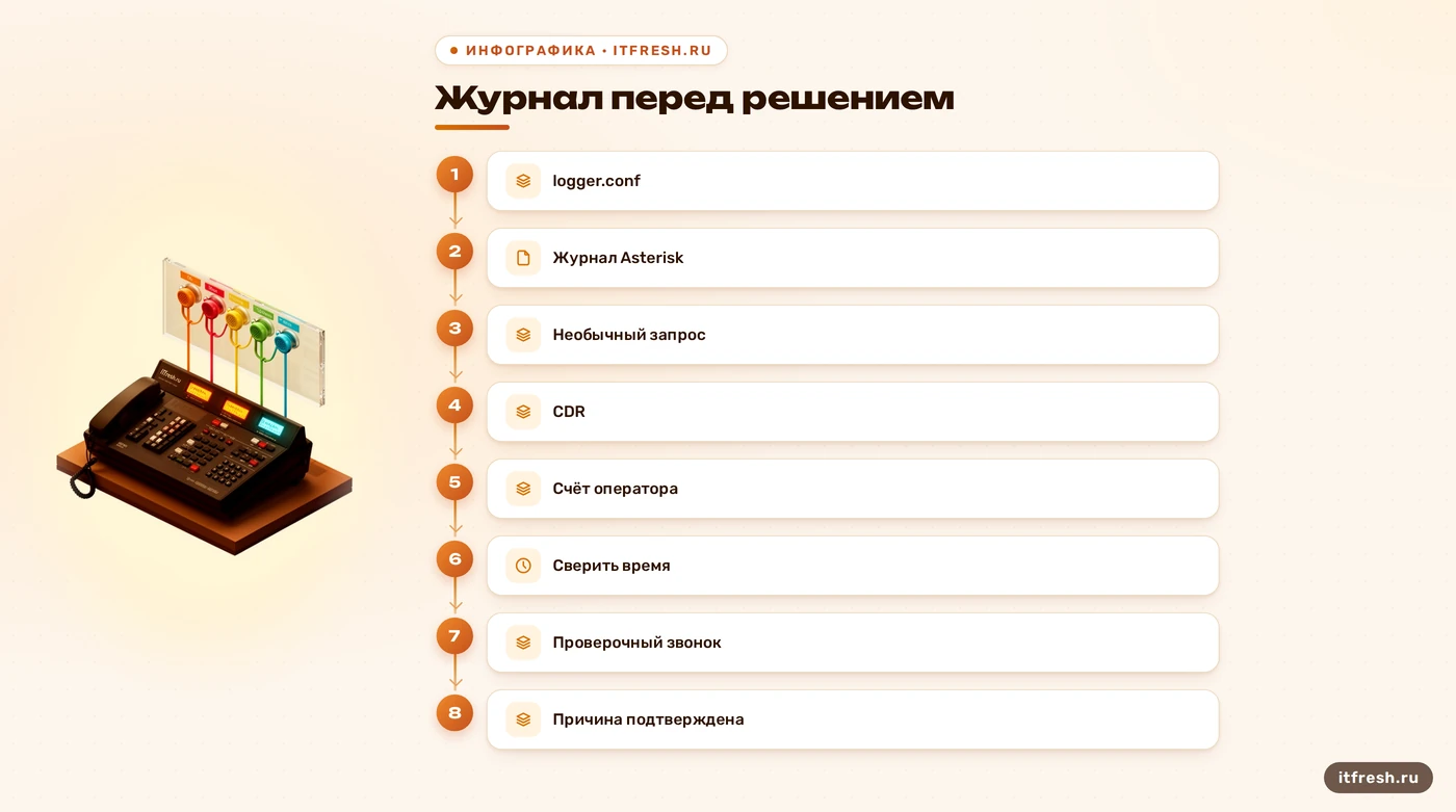 Последовательность сверки журналов Asterisk, CDR и тестового звонка