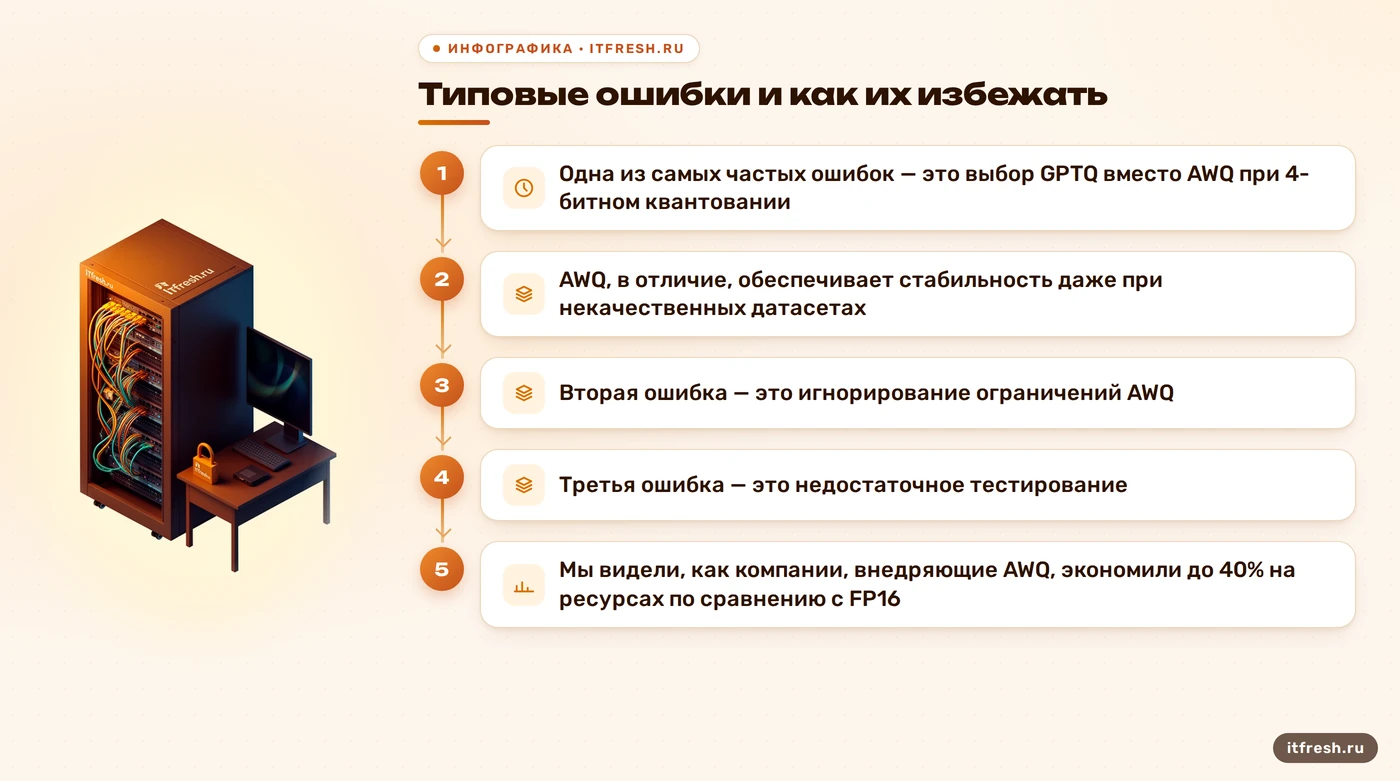 Типовые ошибки и как их избежать: Одна из самых частых ошибок — это выбор GPTQ вместо AWQ при 4-битном квантовании