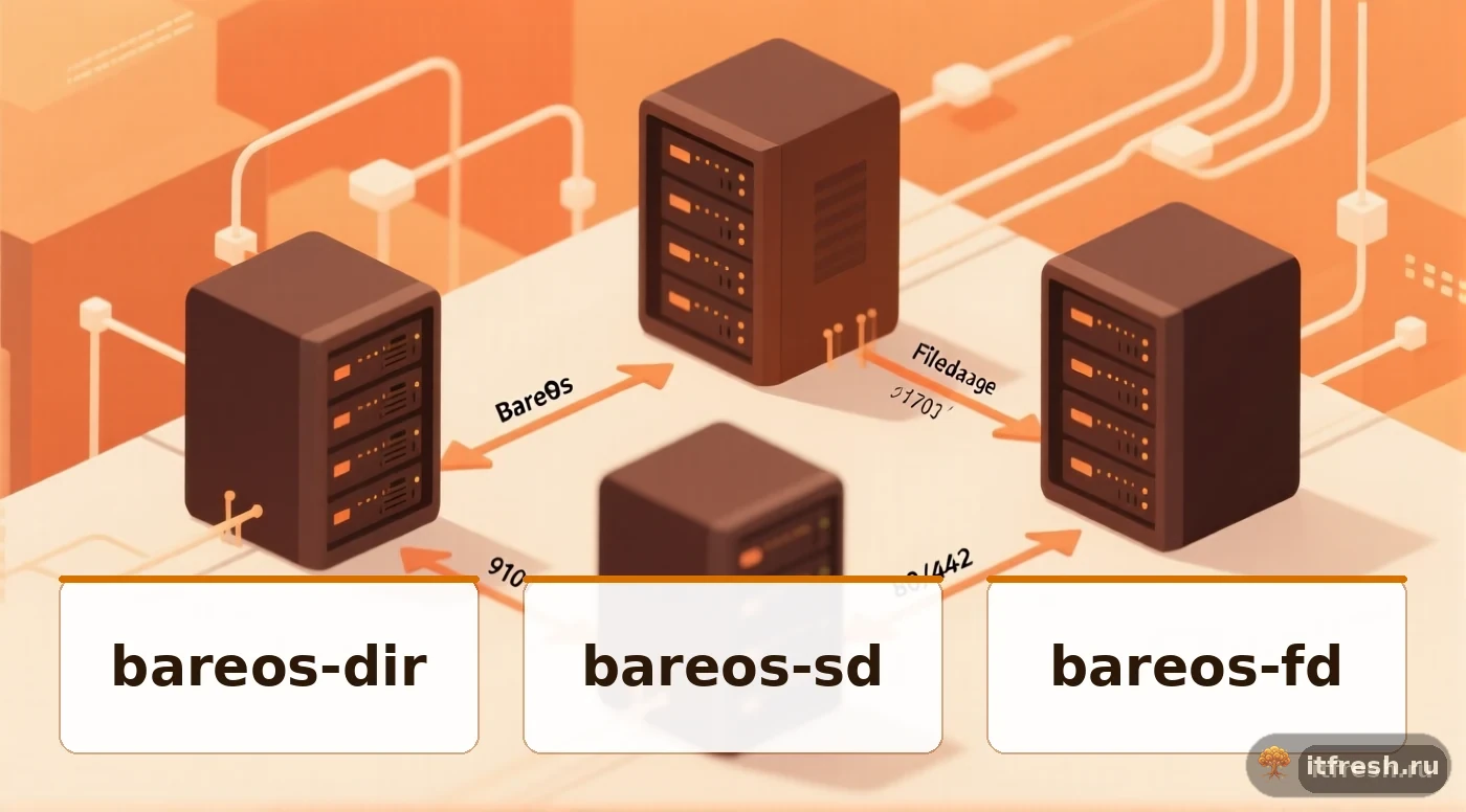 Архитектура Bareos: компоненты Director, Storage, Filedaemon и WebUI с портами подключения