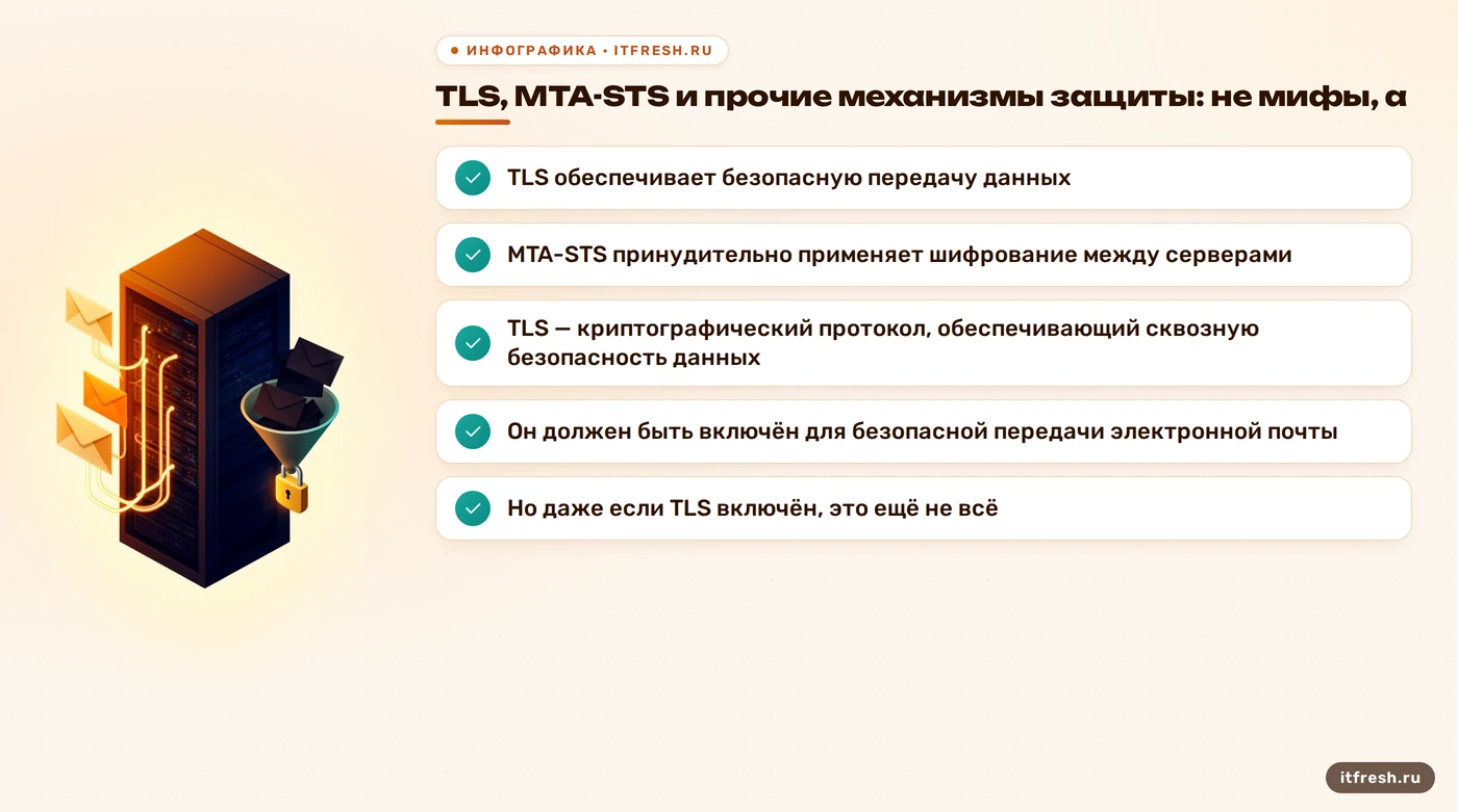 TLS, MTA-STS и прочие механизмы защиты: не мифы, а: TLS обеспечивает безопасную передачу данных