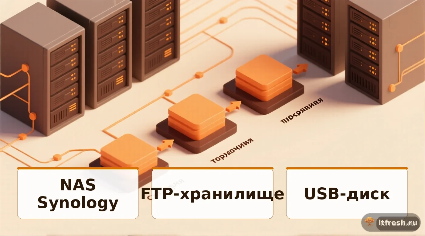 Схема хранения бэкапов BorgBackup: горячая копия на NAS, холодная на FTP, архивная на USB-диск