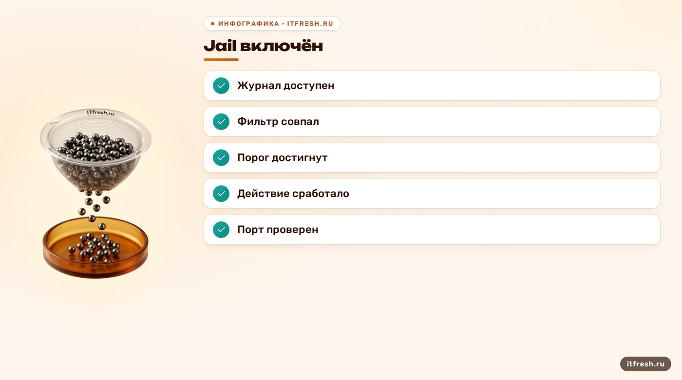 Последовательная проверка jail, журнала, фильтра, порога и firewall.