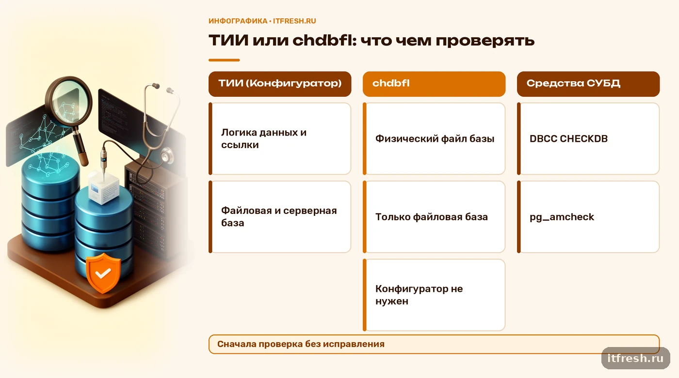 Сравнение ТИИ, chdbfl и средств СУБД: что проверяет каждый инструмент при тестировании базы 1С