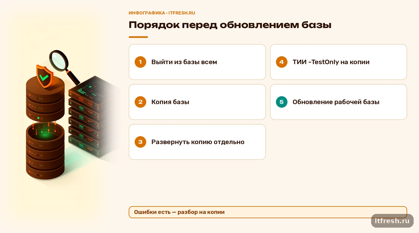 Чек-лист перед обновлением 1С: копия, проверка ТИИ в режиме только проверки, обновление рабочей базы