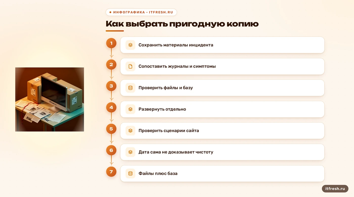 Этапы выбора и проверки копии для восстановления сайта после взлома