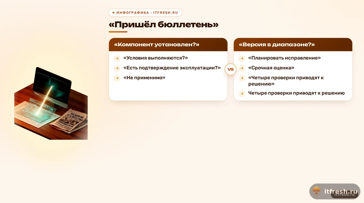 Дерево решений по применимости CVE: компонент, версия, условия, эксплуатация