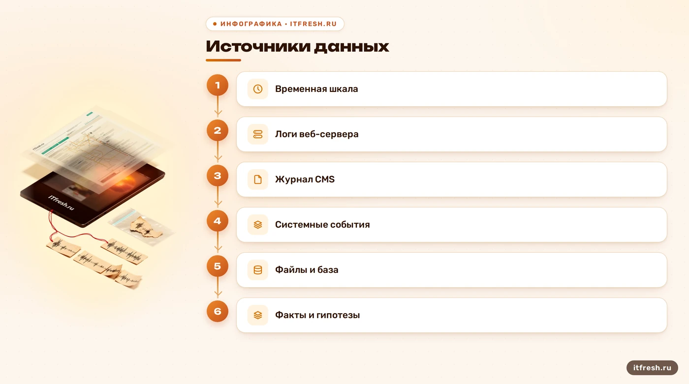 Схема сбора логов и данных для расследования взлома CMS