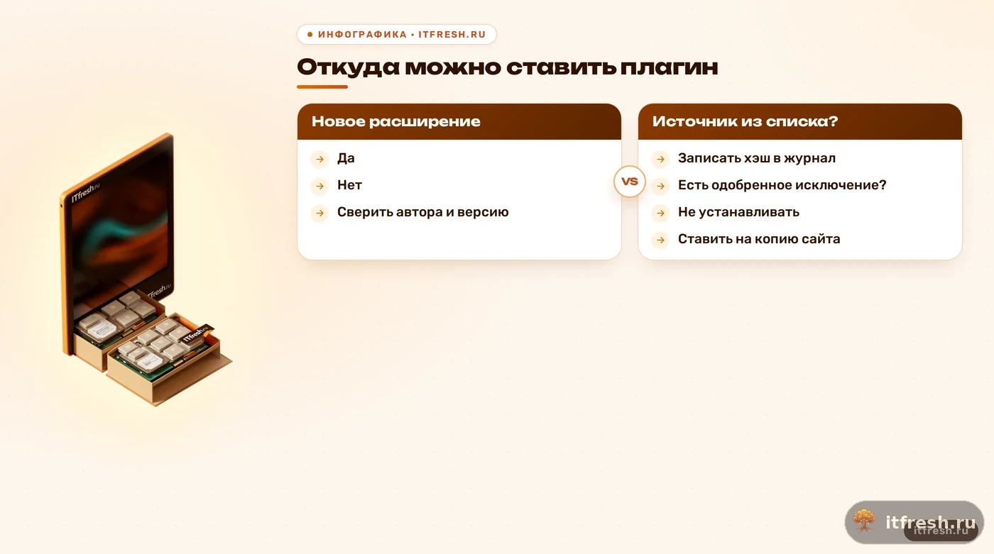 Дерево решений: допустимые источники плагинов CMS и порядок проверки расширения