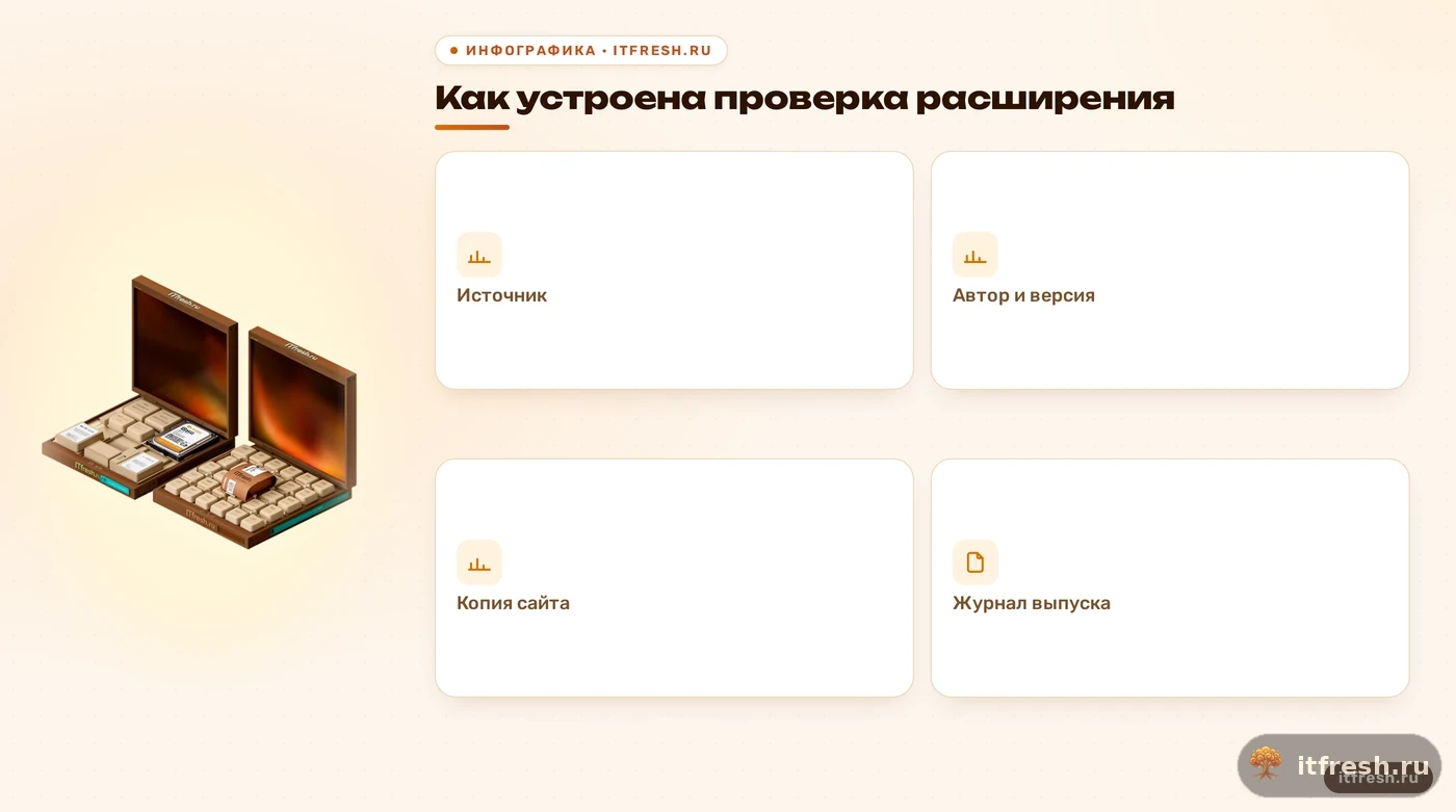 Инфографика о проверке источников и учётных записей расширений CMS