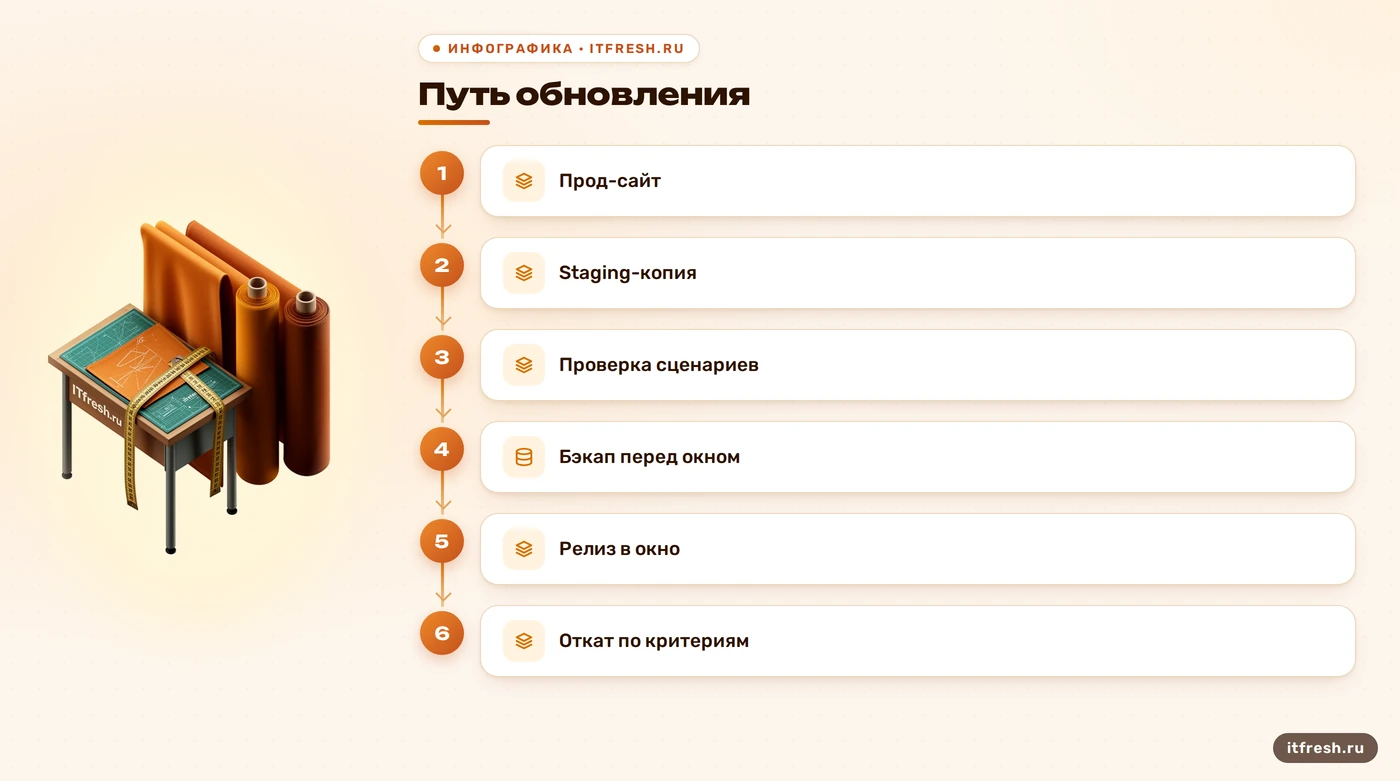 Схема безопасного обновления CMS через staging-копию, бэкап и план отката