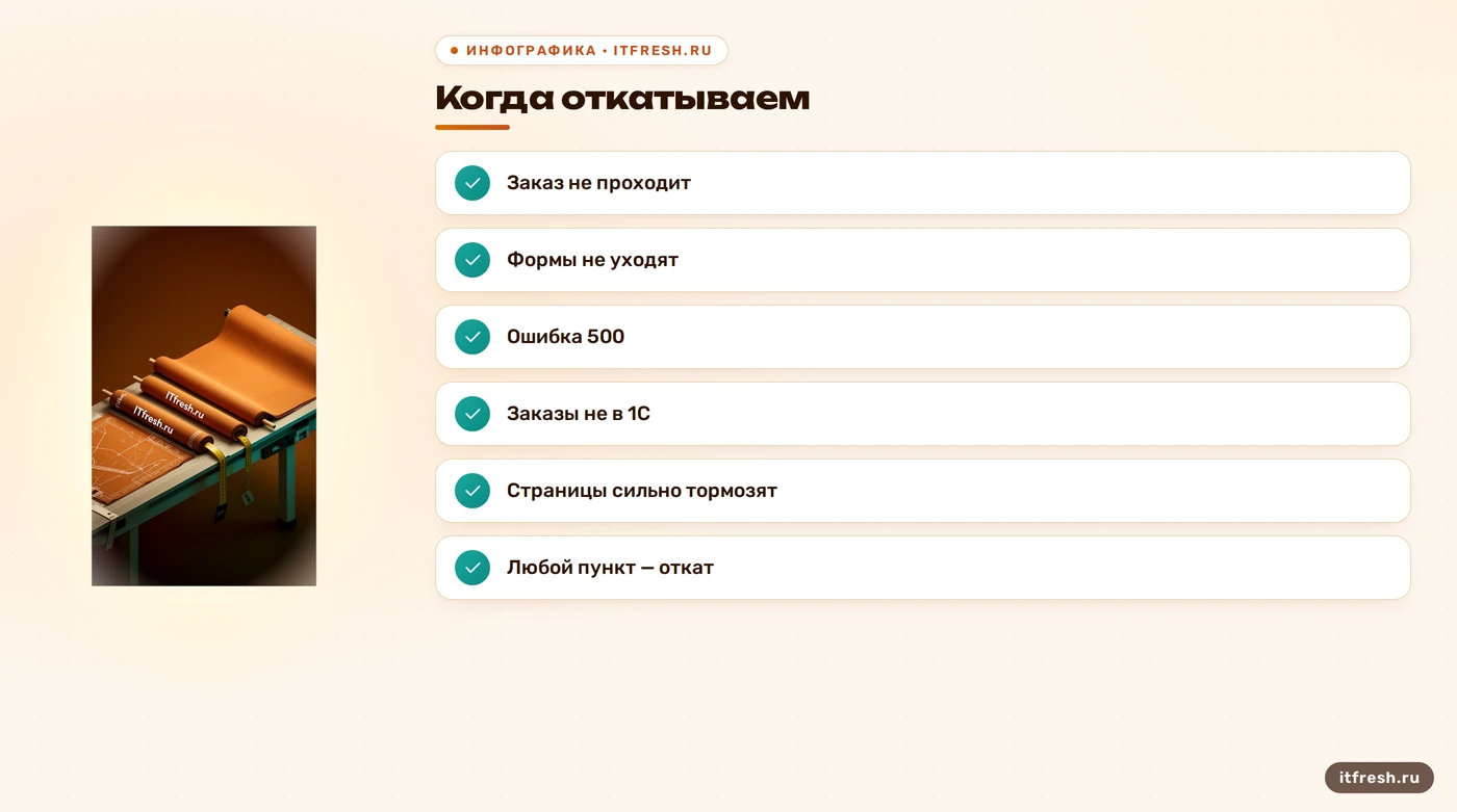 Критерии отката обновления CMS: заказы, формы, ошибки 500 и обмен с 1С