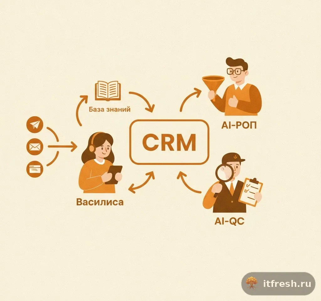 Схема AI-отдела продаж: Василиса, AI-РОП и AI-QC работают вокруг единого CRM-ядра