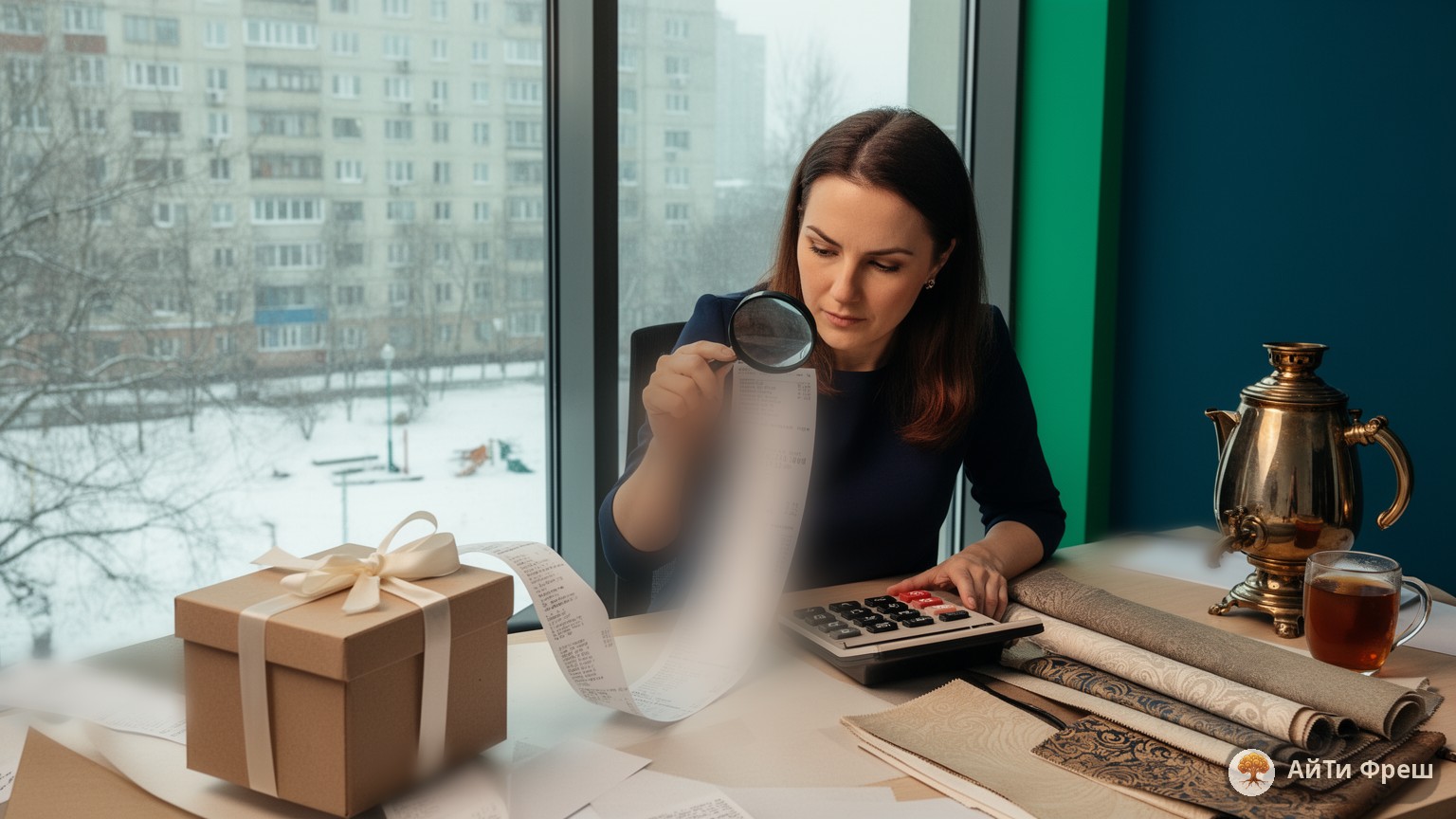 Подарочная коробка бесплатной CRM и длинный чек расходов, который изучают с лупой