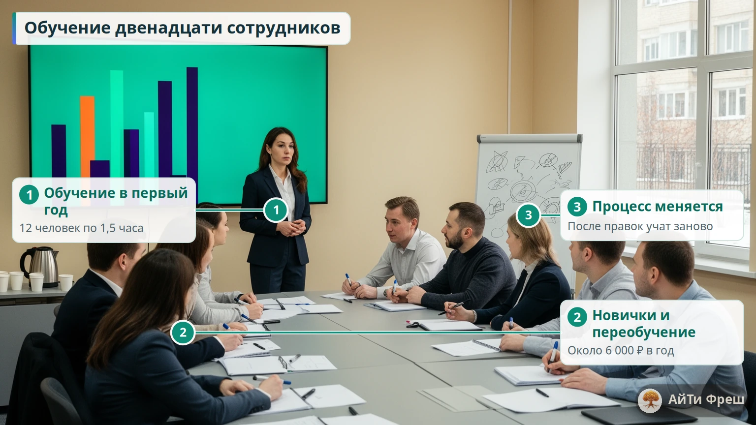 Тренер у большого экрана и двенадцать сотрудников студии за длинным столом на обучении