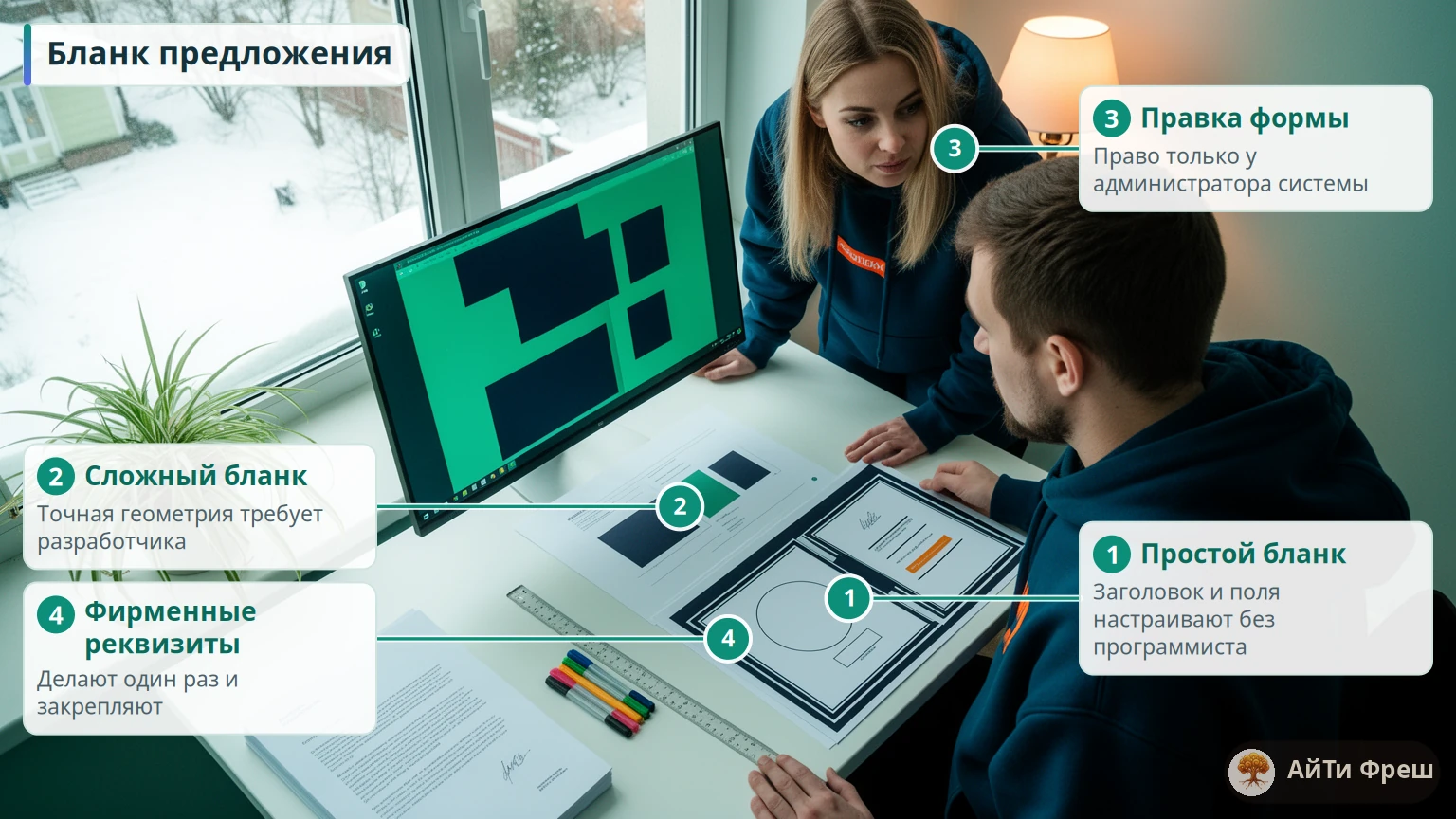 Дизайнер и разработчик сравнивают простой и сложный макеты печатной формы коммерческого предложения на рабочем столе