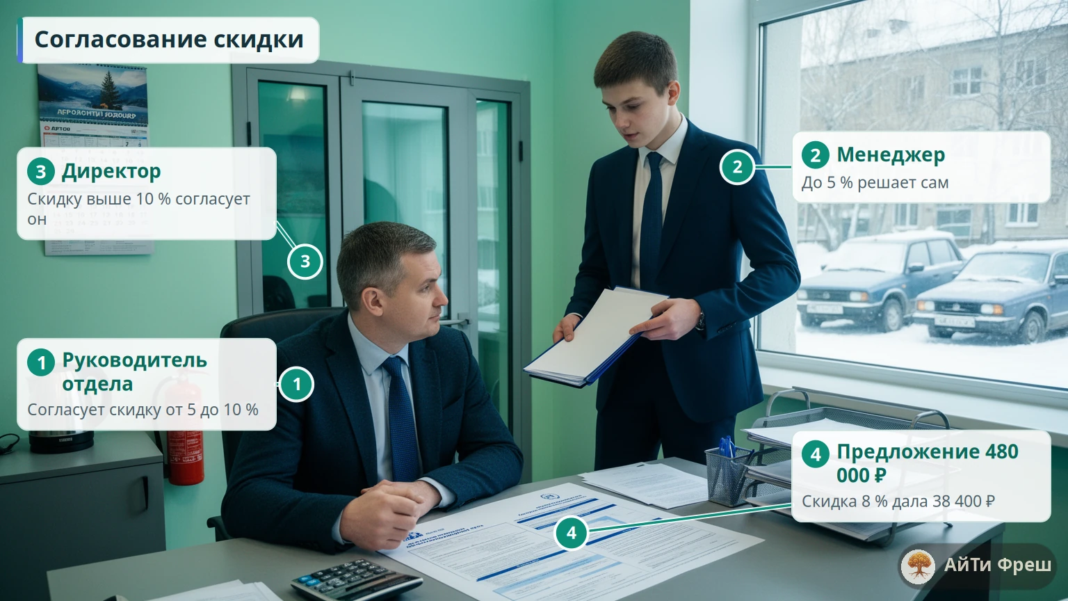 Менеджер просит руководителя отдела согласовать скидку по печатному коммерческому предложению, за стеклом кабинет директора