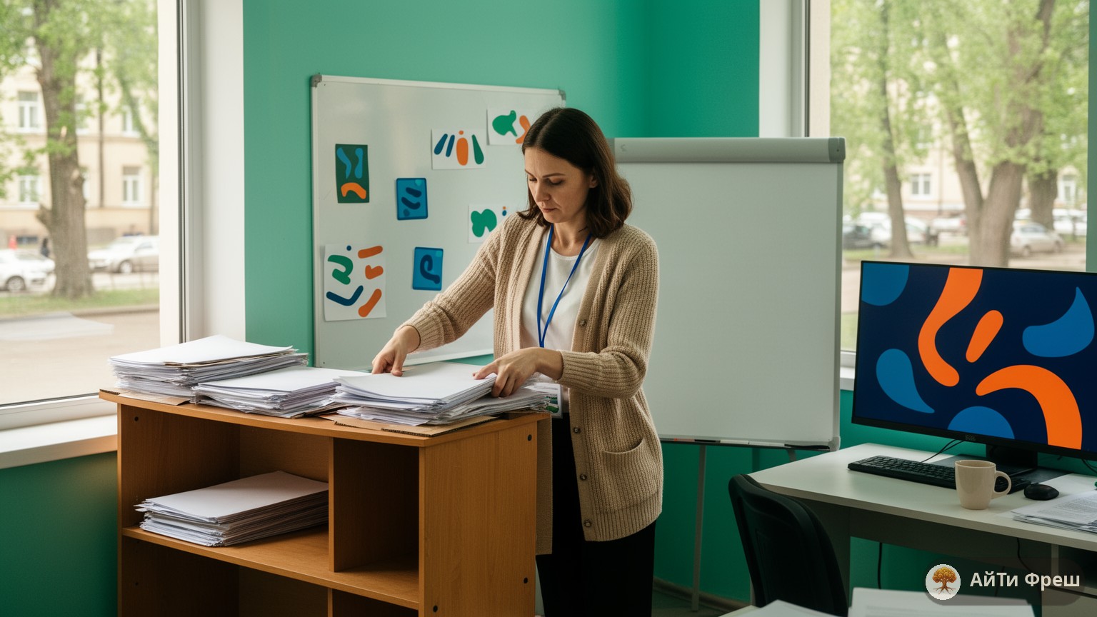 Сотрудница переносит папки клиентов из облака в стеллаж на ножках, перенос данных из облачной CRM