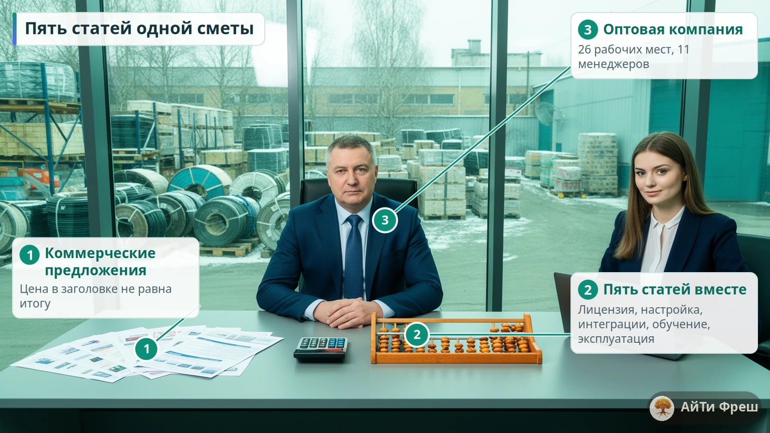 Директор оптовой компании с коммерческими предложениями, счётами и калькулятором, за стеклом виден склад с катушками кабеля