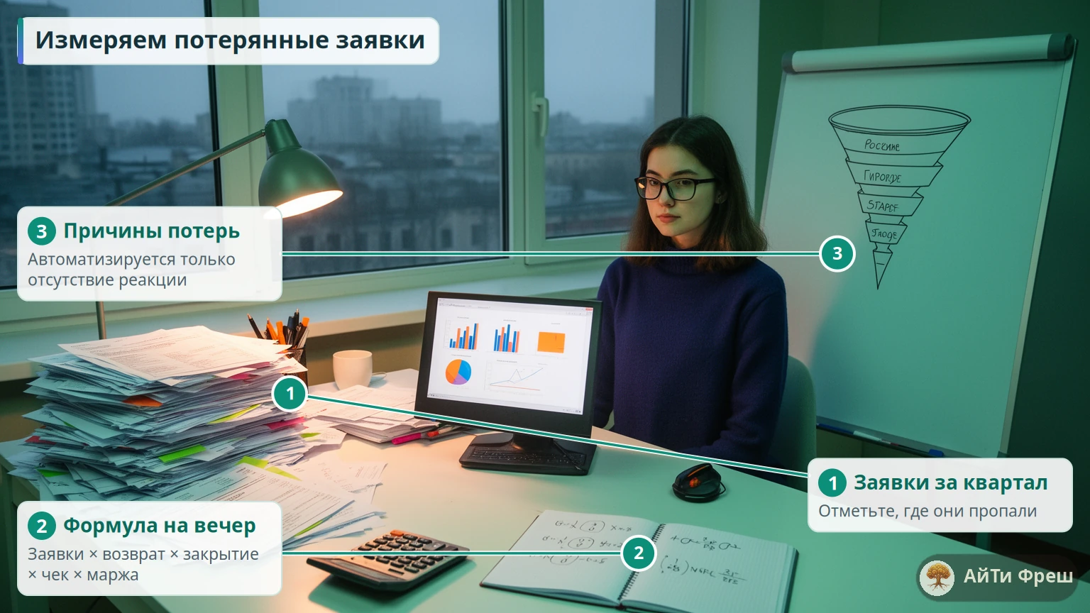 Аналитик продаж с распечатанными заявками, блокнотом формул и доской с воронкой этапов