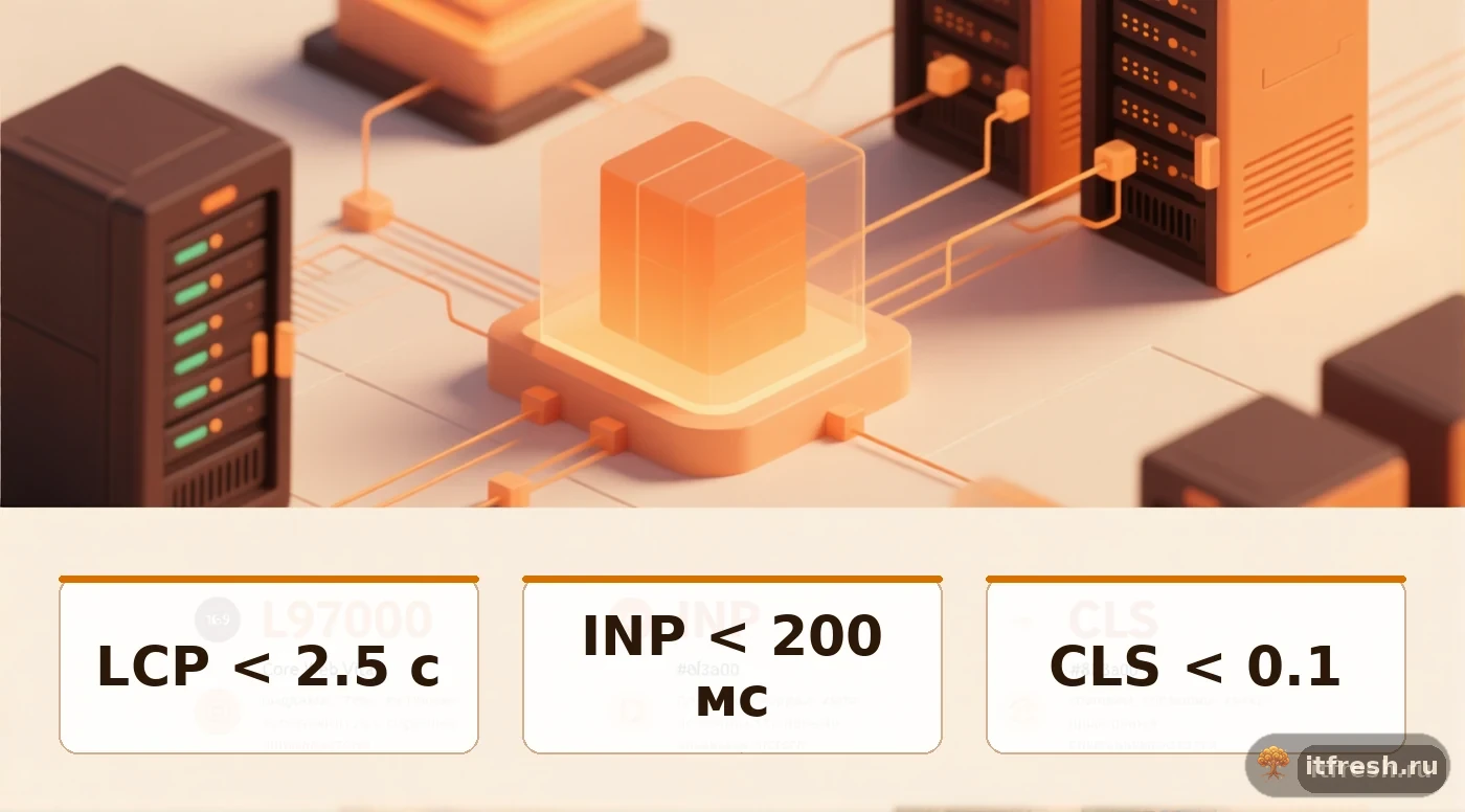 Диаграмма метрик Core Web Vitals: LCP, INP, CLS с нормами и факторами влияния