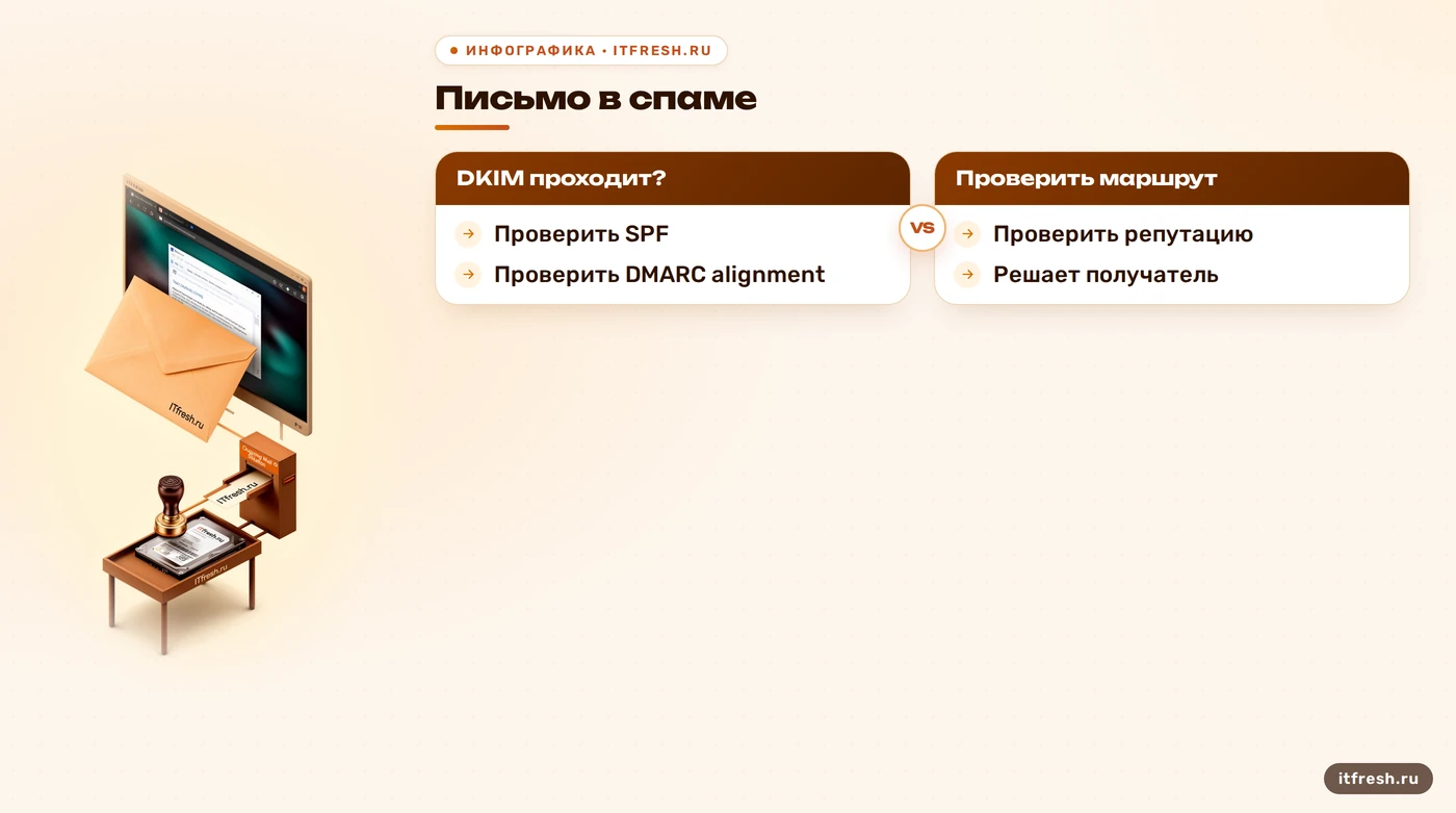Дерево причин спама после проверки DKIM: маршрут, SPF, DMARC и репутация.
