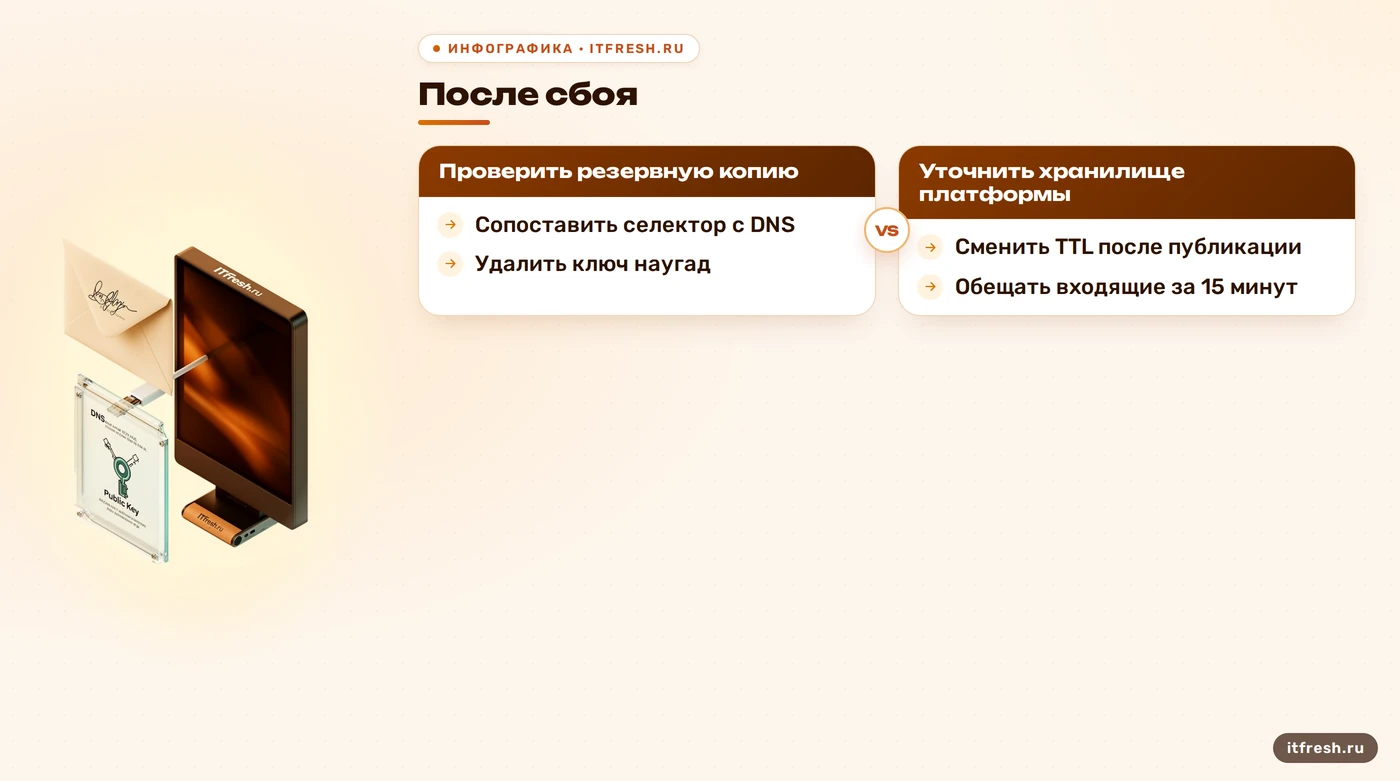 Сравнение проверенного порядка действий и рискованных обещаний при сбое DKIM