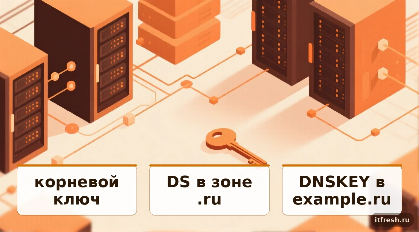 Схема цепочки доверия DNSSEC с корневым ключом, DS и DNSKEY
