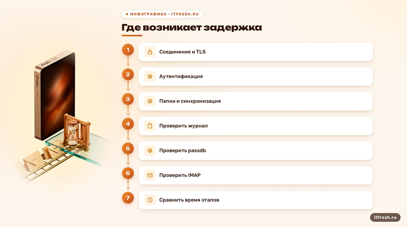 Этапы поиска задержки при подключении к почте через Dovecot