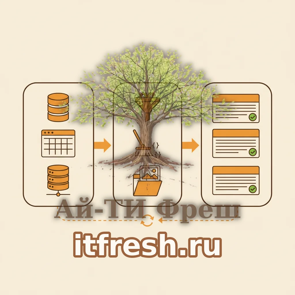 Схема конвейера Migrate API: источники данных слева, блок обработки и маппинга полей в центре, типы контента Drupal справа, сверху прямая стрелка импорта, снизу пунктирная стрелка отката
